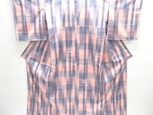 未使用品　変わり格子に花模様織り出し米沢紬着物・道行コートアンサンブル